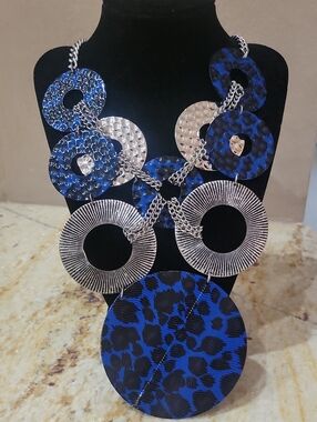Bold Blue and Silver Layered Statement Necklace